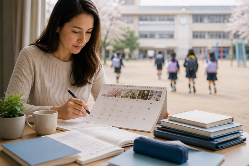 Calendário escolar japonês, agenda, comunicados da escola e caneta organizados sobre uma mesa de estudos, representando o planejamento da rotina escolar.