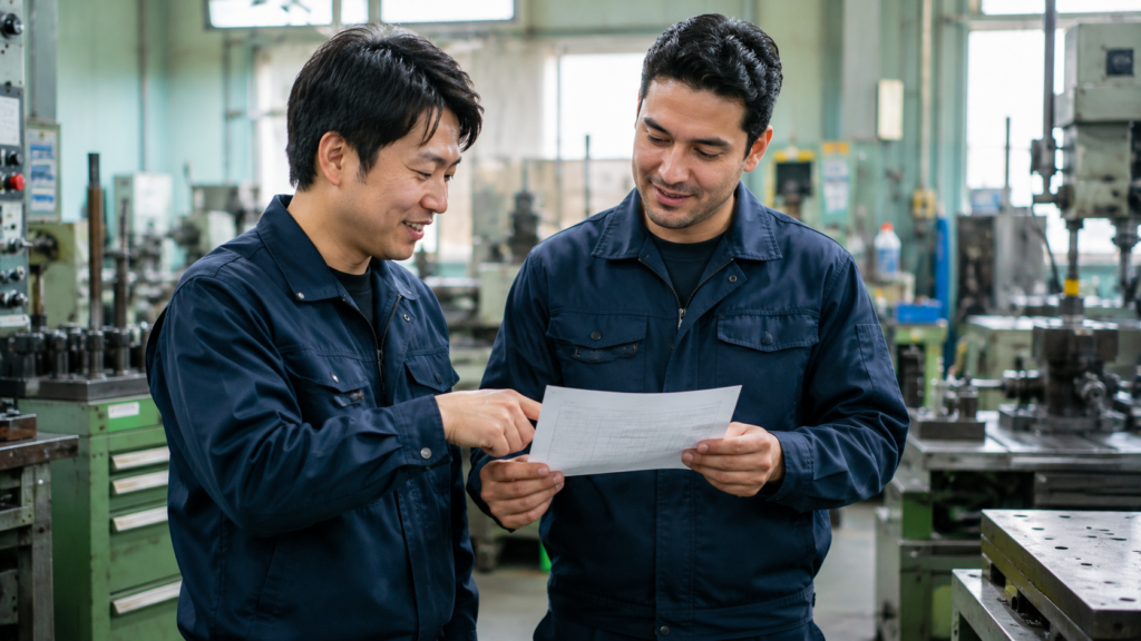 Trabalhador japonês e trabalhador estrangeiro analisando juntos um contracheque durante o intervalo do trabalho em uma fábrica moderna no Japão, ambiente limpo e organizado