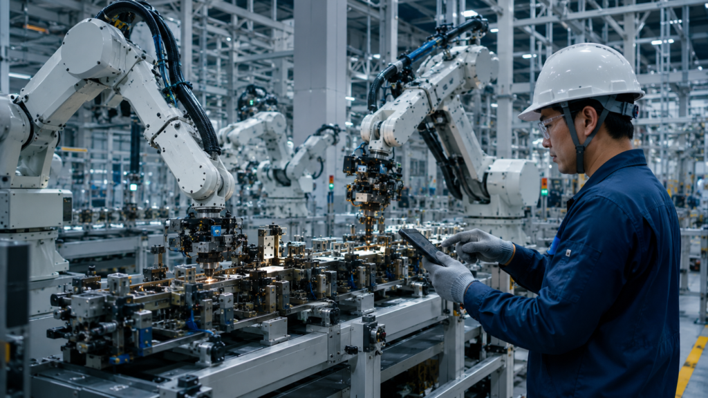 Fábrica automatizada com robôs industriais