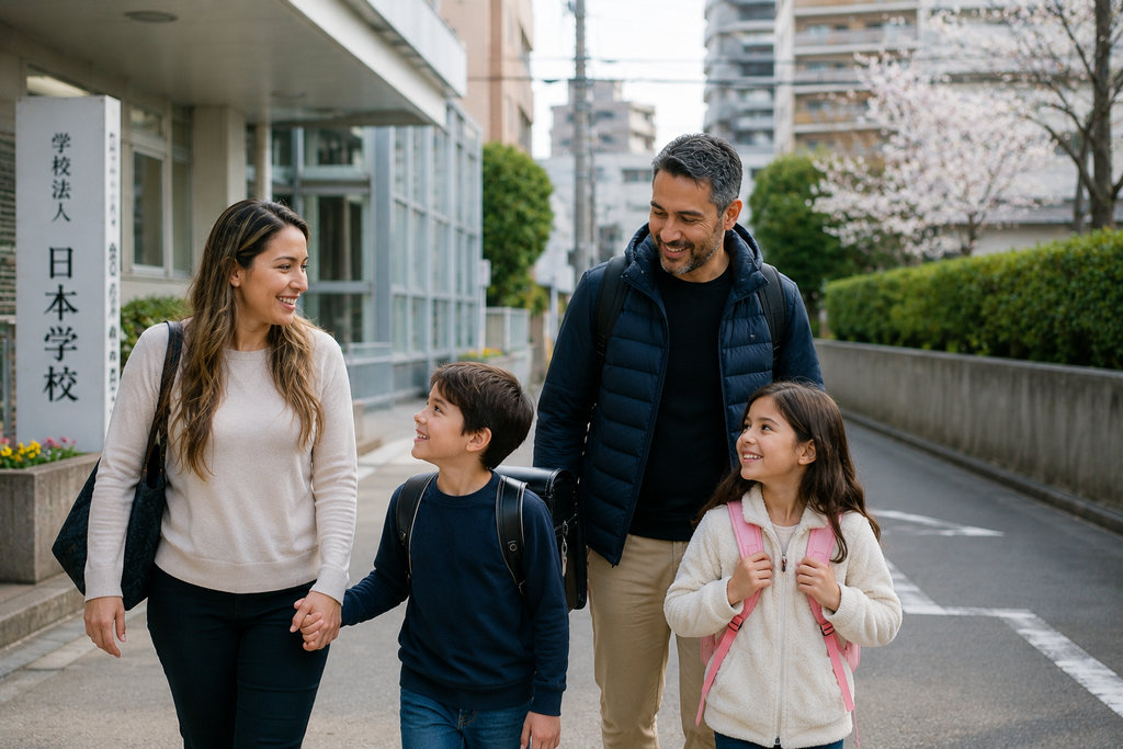 Família brasileira multicultural caminhando em bairro residencial no Japão, próximo a uma escola, representando integração cultural, qualidade de vida e cotidiano familiar.