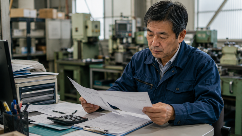 Proprietário de pequena empresa japonesa analisando custos operacionais.