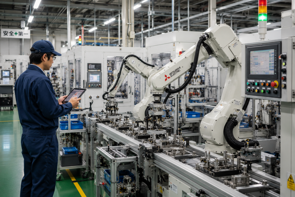 Linha de produção automatizada em pequena indústria japonesa.