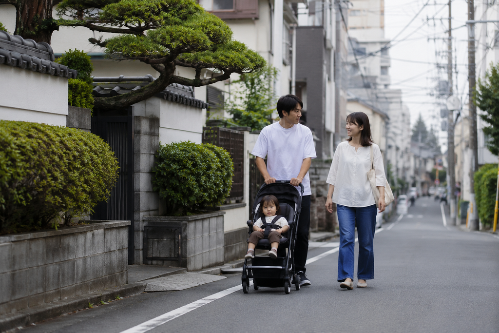 Casal japonês com carrinho de bebê caminhando em bairro residencial, representando a baixa natalidade no Japão e a vida familiar.