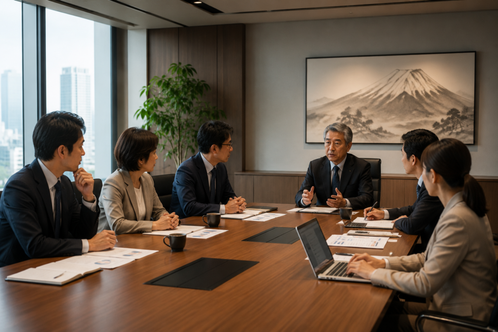 Reunião empresarial discutindo salários no Japão.