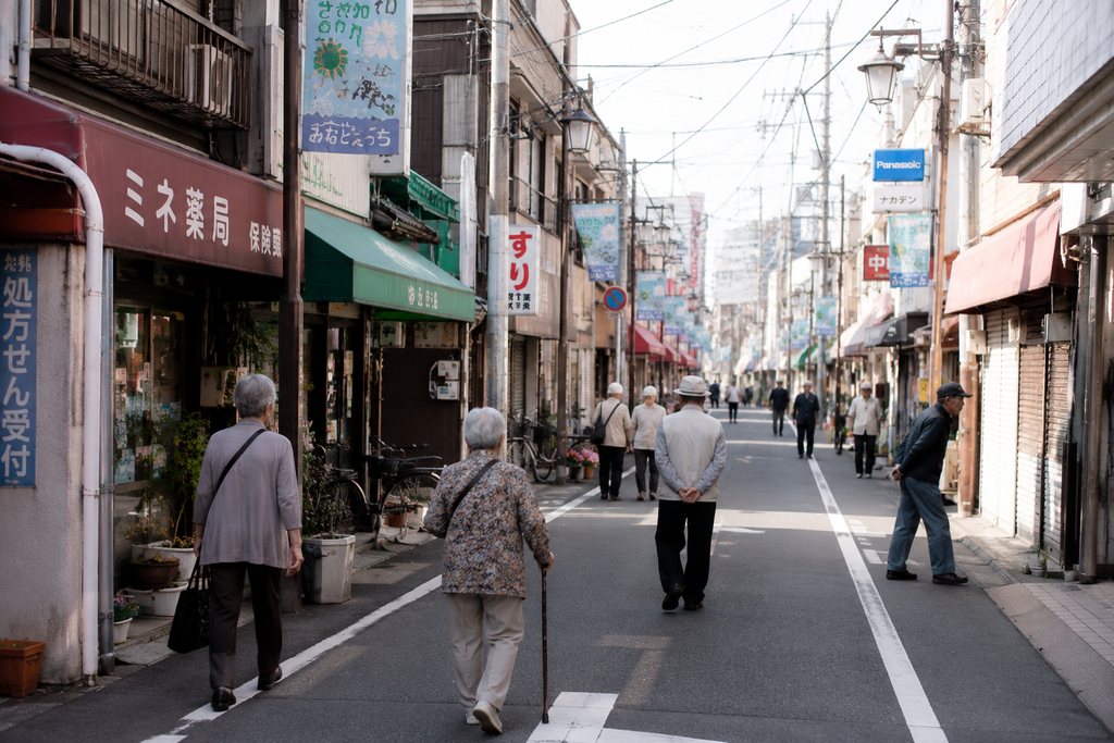 “Idosos caminham por uma rua comercial no Japão, ilustrando o envelhecimento da população japonesa e os impactos da baixa natalidade na sociedade e na economia.”
