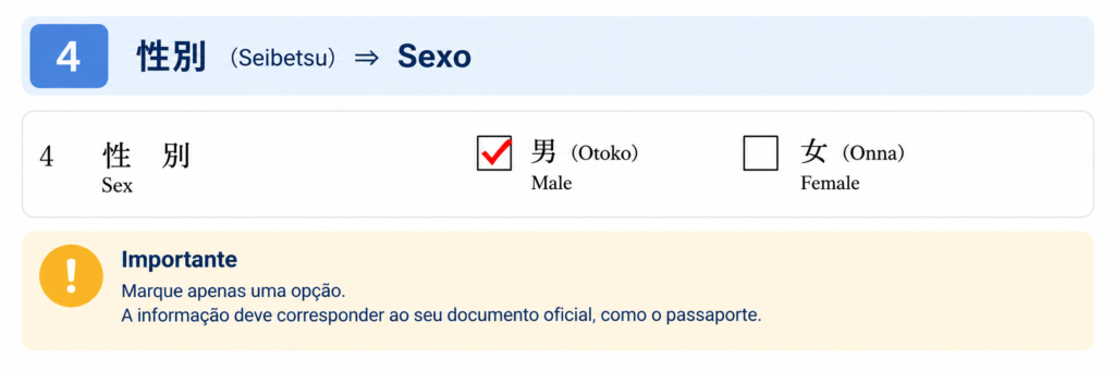 Campo 4 do formulário de renovação do visto japonês: seleção do sexo masculino ou feminino.