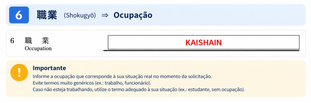 Campo 6 do formulário de renovação do visto japonês: preenchimento da ocupação atual do solicitante.