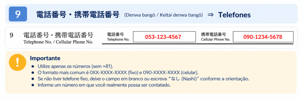 Campo 9 do formulário de renovação do visto japonês: preenchimento dos números de telefone fixo e celular no Japão