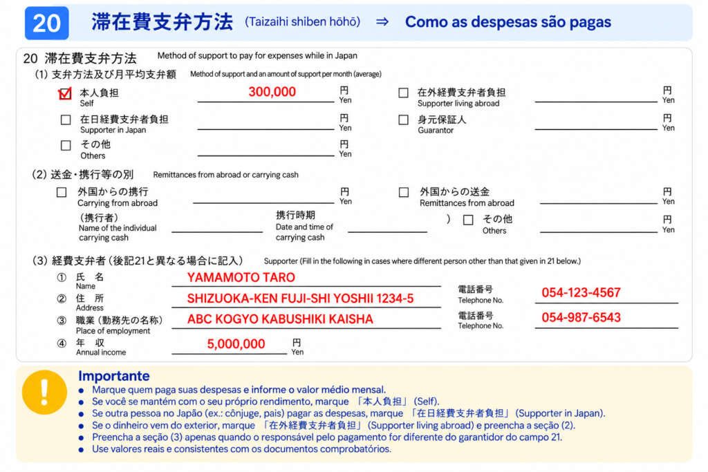Campo 20 do formulário de renovação do visto japonês: preenchimento das informações sobre como as despesas de permanência no Japão são pagas.