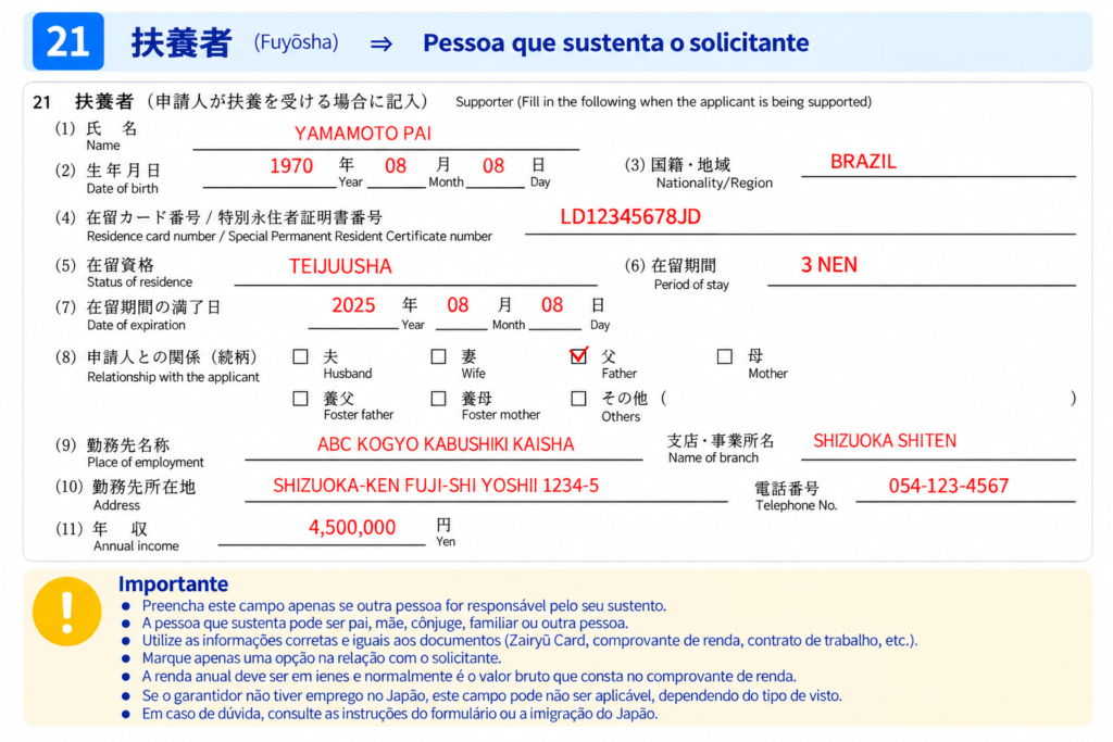 Campo 21 do formulário de renovação do visto japonês: preenchimento dos dados da pessoa responsável pelo sustento do solicitante.