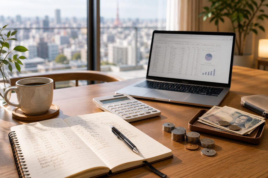 Mesa organizada em apartamento japonês com caderno de orçamento, notebook, calculadora, moedas, notas de iene e xícara de café, simbolizando planejamento financeiro doméstico.