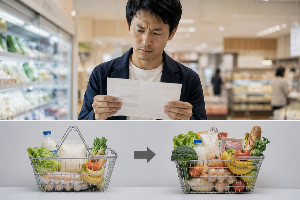 Pessoa no Japão segurando um contracheque e observando uma pequena cesta de compras com alimentos essenciais, representando a relação entre salário e poder de compra.