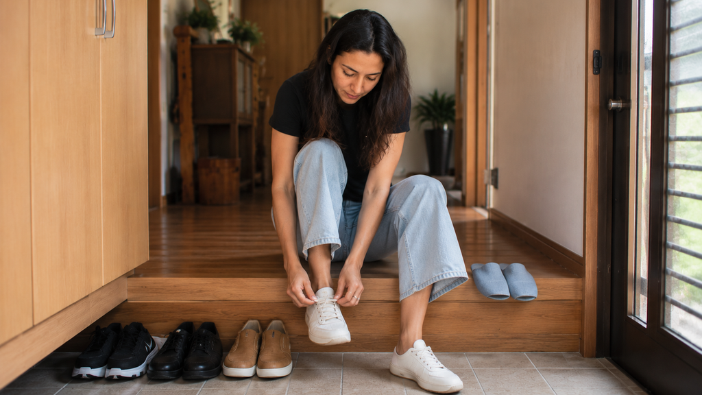 Pessoa retirando os sapatos no genkan de uma casa japonesa.