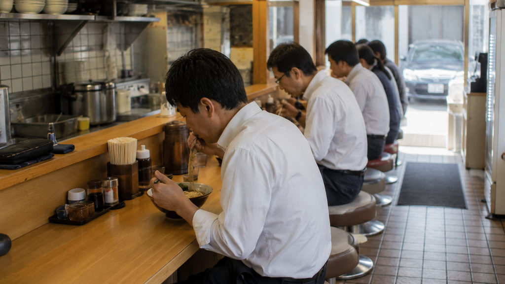 Pessoa fazendo refeição rápida em restaurante japonês simples
