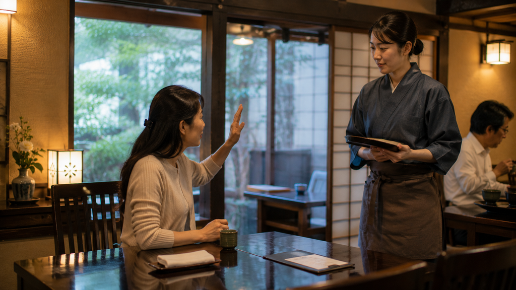 Cliente chamando discretamente um atendente em um restaurante japonês.
