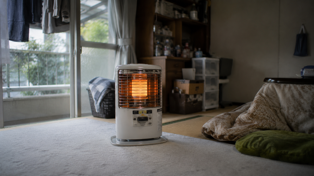 Ambiente interno no Japão com aquecedor portátil durante inverno