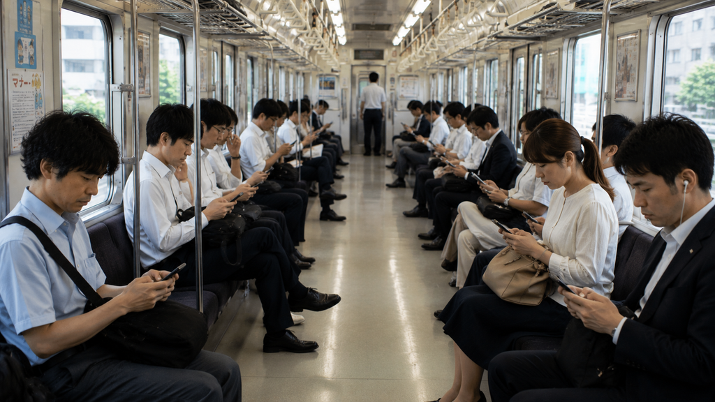 Passageiros em silêncio dentro de trem japonês