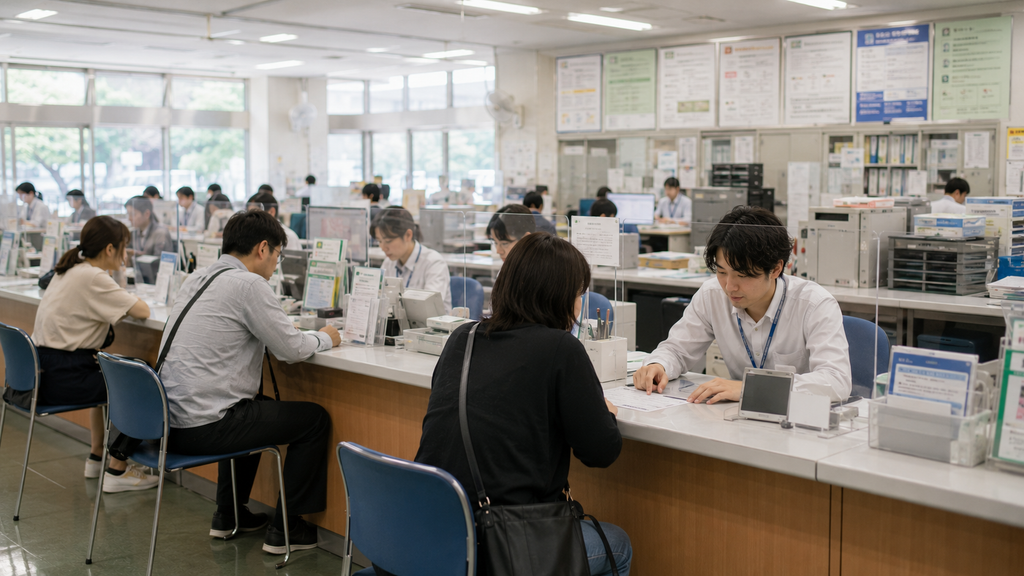 Atendimento em prefeitura no Japão com residentes resolvendo documentos