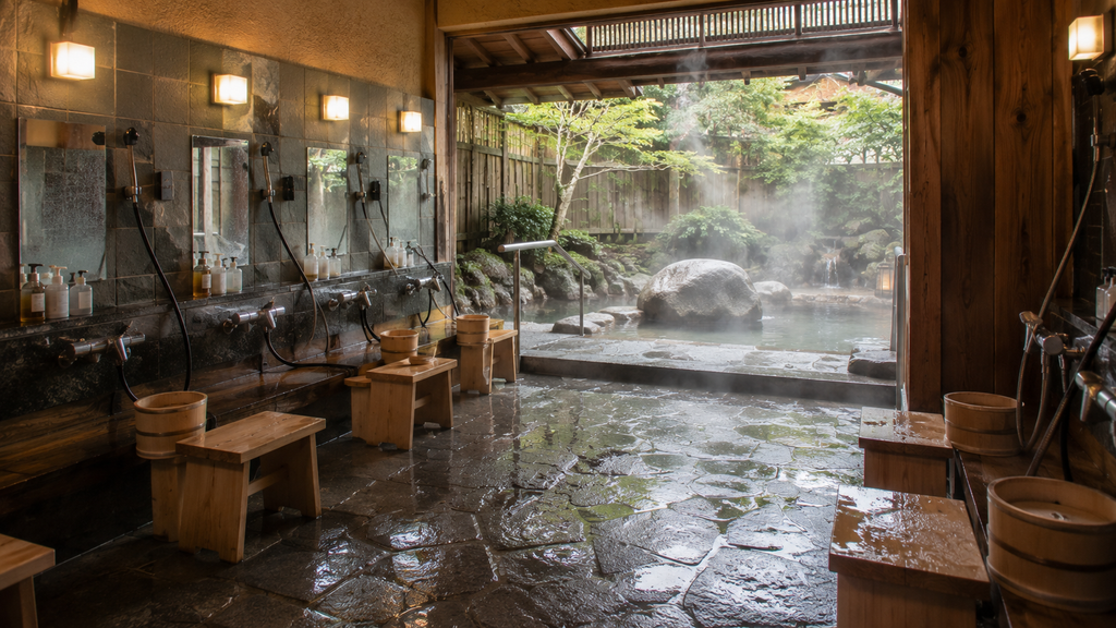 Área de banho termal japonês com bancos e duchas para higiene antes da banheira.