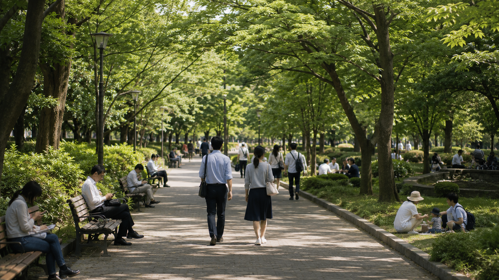 Parque no Japão com pessoas caminhando e relaxando no dia a dia