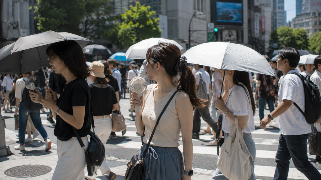 Pessoas no Japão usando sombrinhas e ventiladores para enfrentar o calor