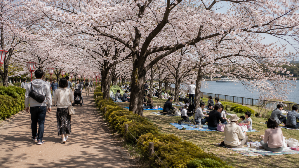 Parque no Japão com flores de cerejeira e pessoas aproveitando o lazer