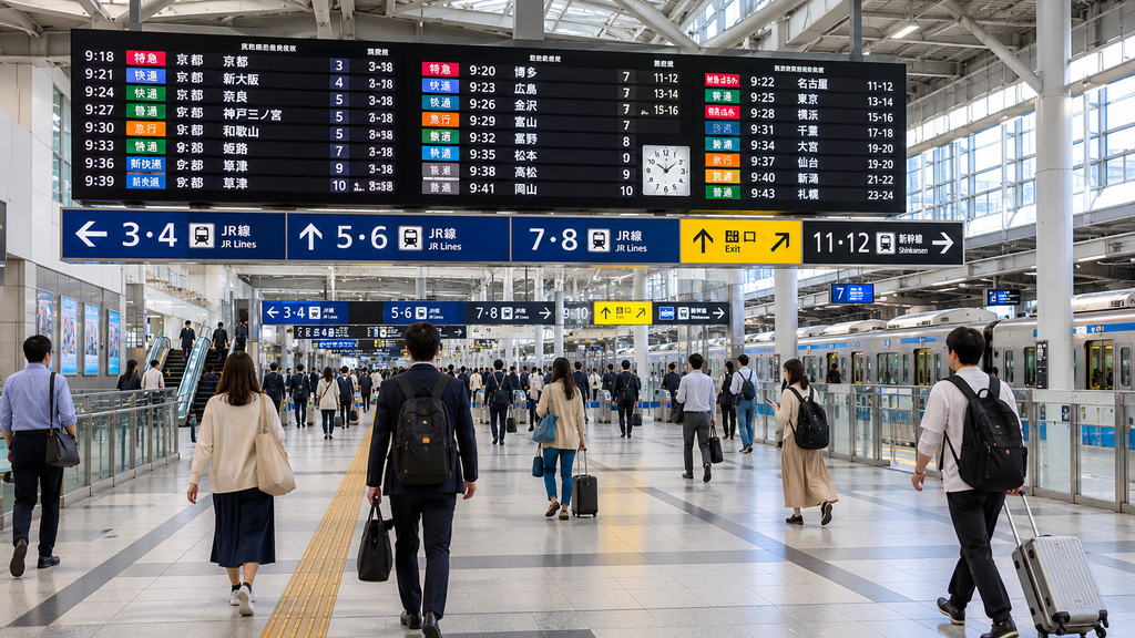 Painel eletrônico indicando plataformas e horários em uma estação ferroviária japonesa.
