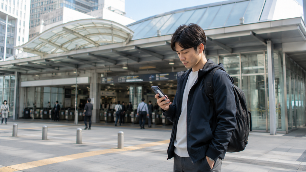 Pessoa conferindo informações da viagem no celular antes de entrar em uma estação ferroviária japonesa.