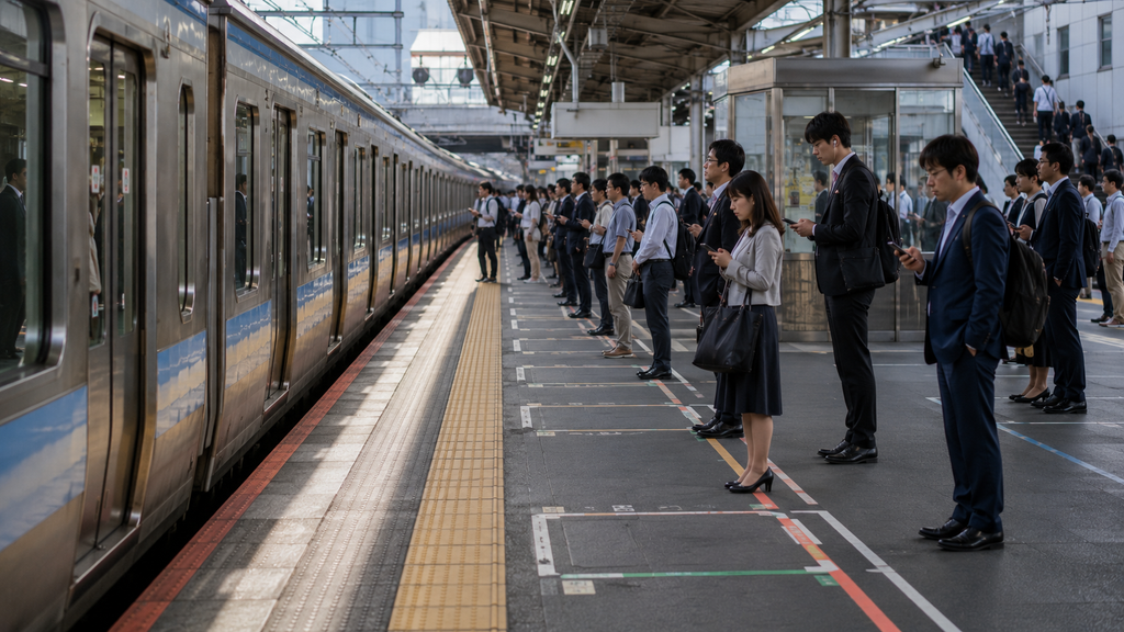 Passageiros formando filas organizadas antes do embarque em um trem japonês.