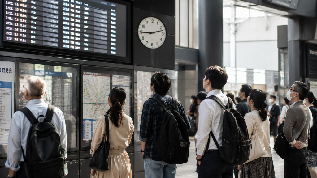 Passageiros observando o horário do trem em uma estação japonesa.