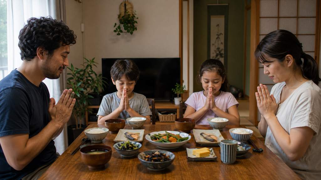 Família reunida à mesa dizendo itadakimasu antes de uma refeição japonesa.