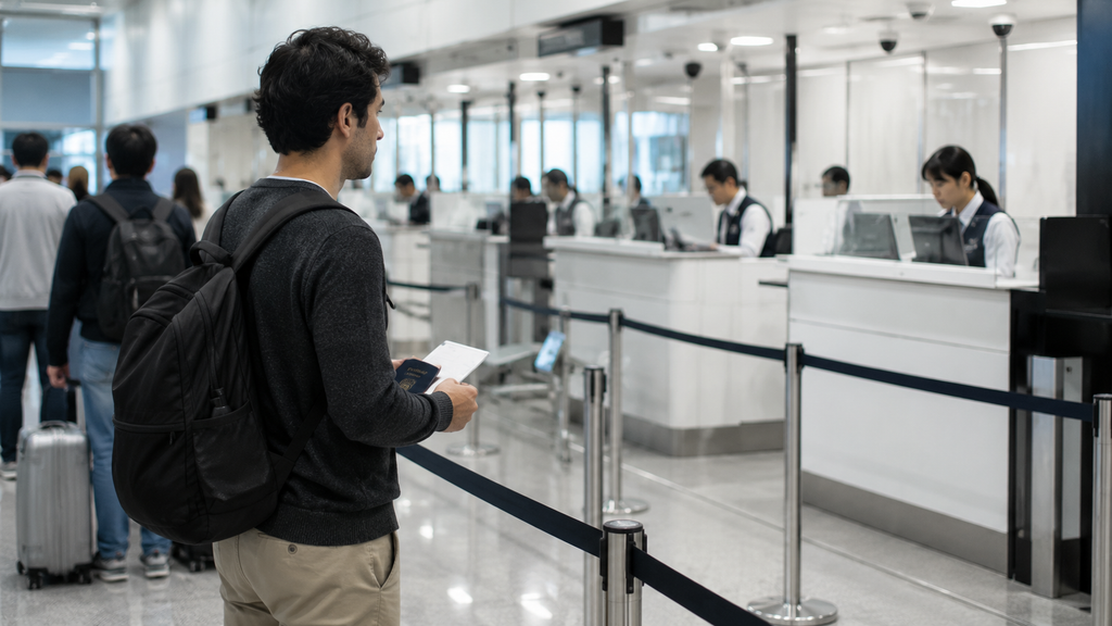 Pessoa passando pela imigração no Japão com documentos e passaporte