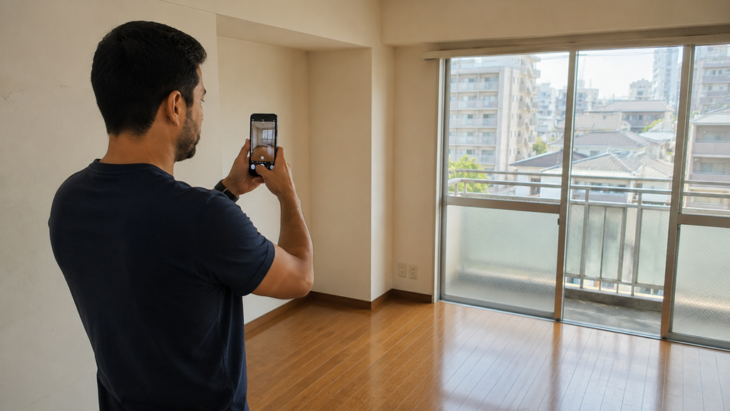 Morador realizando a vistoria inicial de um apartamento alugado no Japão.