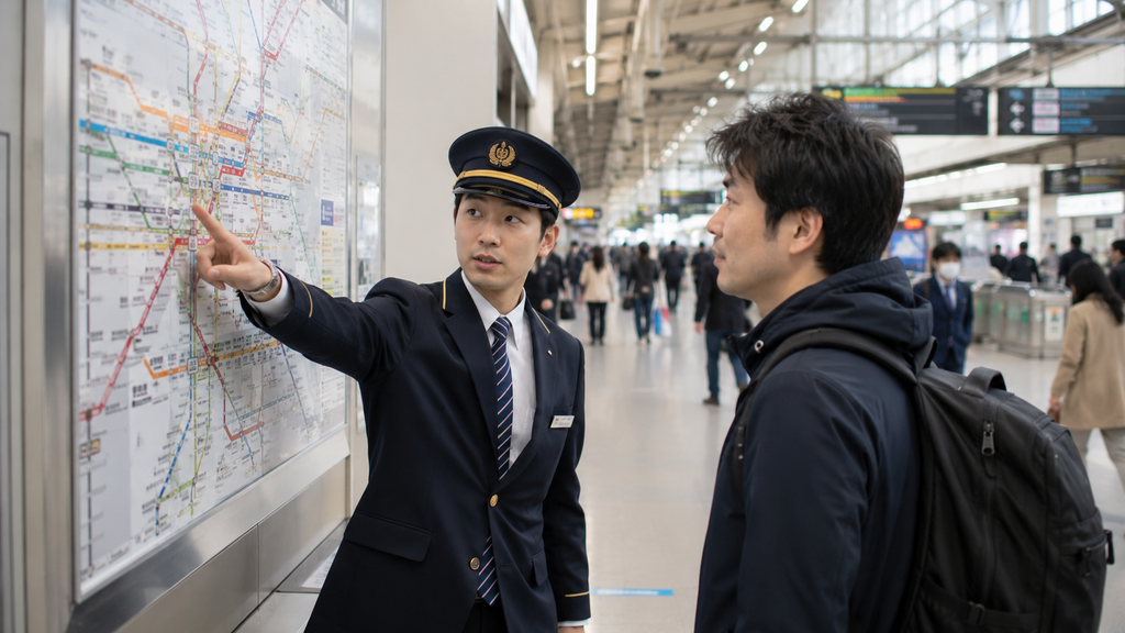 Funcionário de estação ferroviária japonesa orientando um passageiro diante de um mapa de linhas.