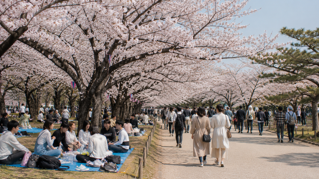 Parque no Japão com flores de cerejeira e pessoas aproveitando a primavera