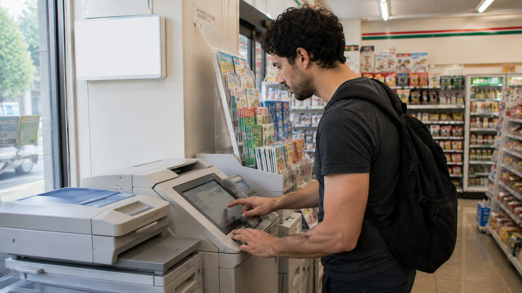 Cliente utilizando terminal de serviços em uma loja de conveniência japonesa.
