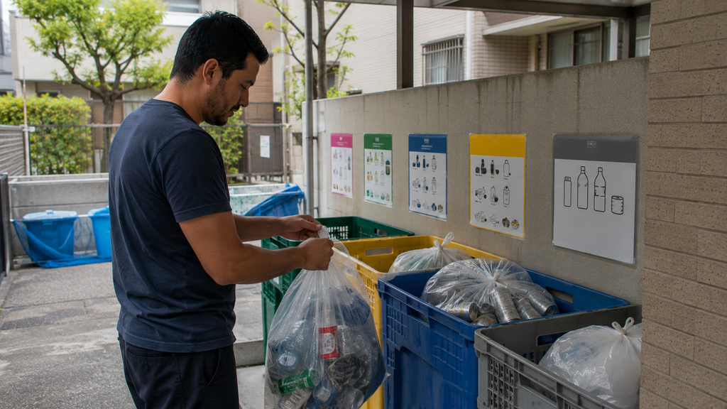 Separação correta do lixo em um condomínio residencial no Japão.