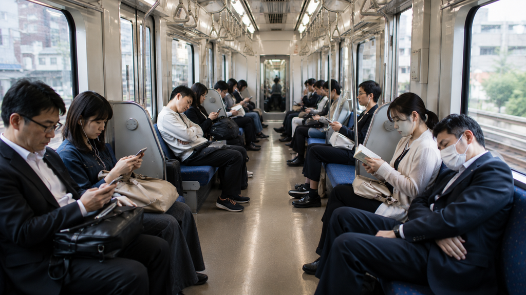 Passageiros utilizando o trem em silêncio enquanto observam celulares ou leem durante a viagem.