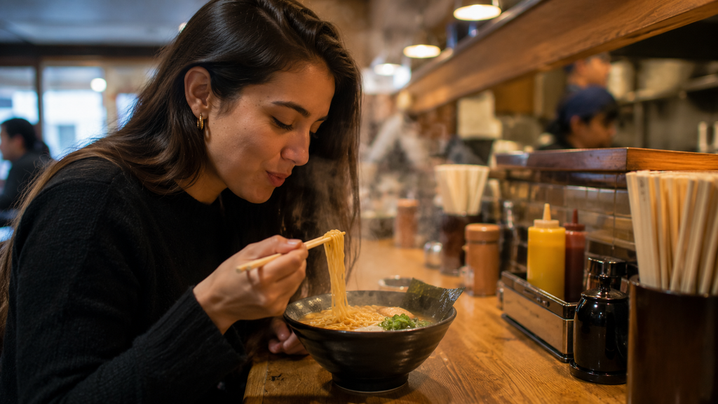 Pessoa comendo ramen em um pequeno restaurante japonês.