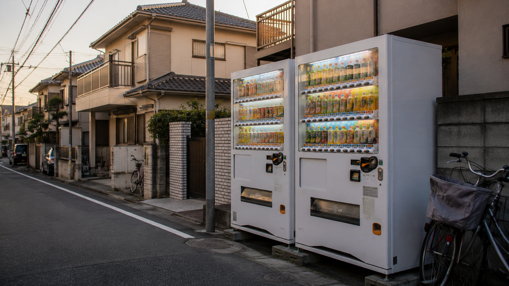 Máquinas automáticas de bebidas em uma rua residencial japonesa.