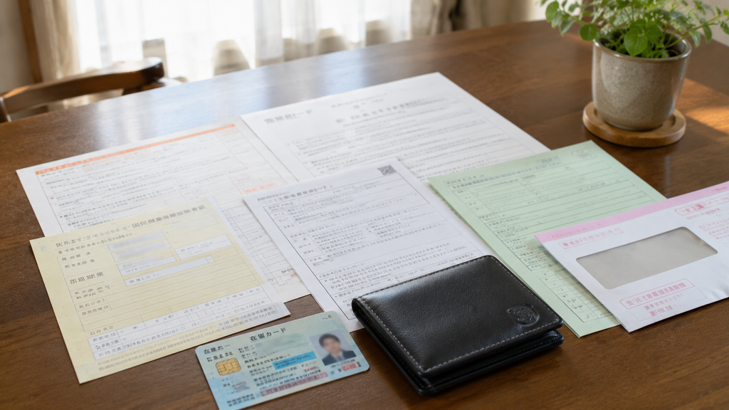 Documentos japoneses organizados como Zairyu Card e registros administrativos
