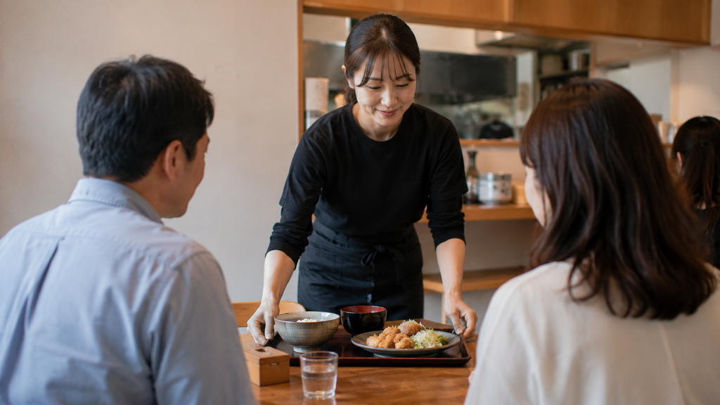 Funcionária de restaurante japonês atendendo clientes com cordialidade.