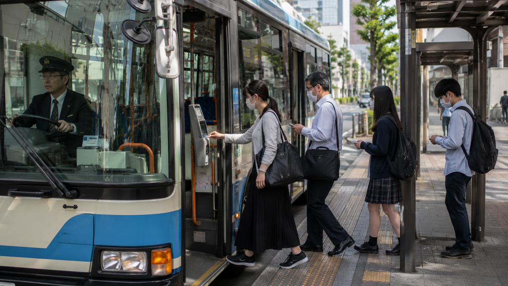 Passageiros embarcando em um ônibus urbano japonês utilizando cartão IC.