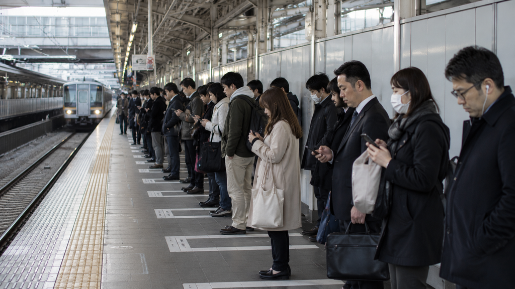 Fila organizada em estação de trem no Japão com pessoas aguardando embarque