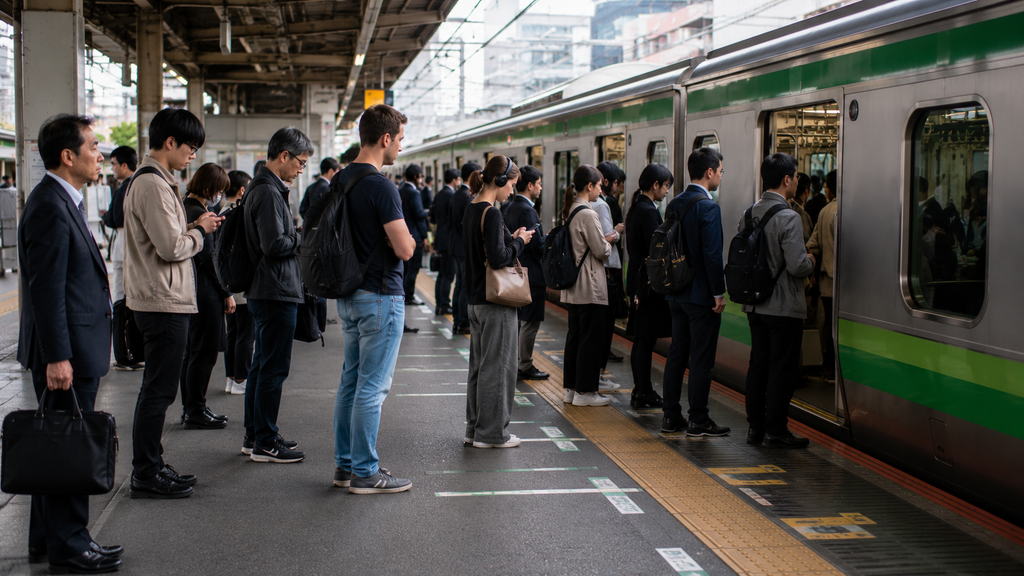 Passageiros formando fila organizada para embarcar em um trem no Japão.