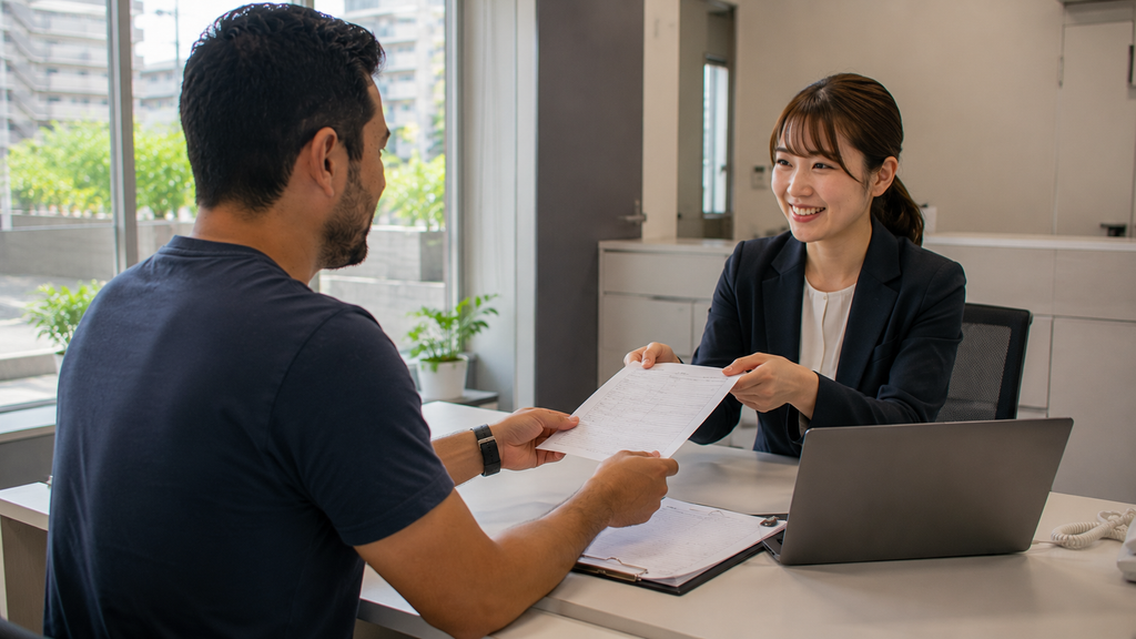 Inquilino comunicando o encerramento do contrato de aluguel em uma imobiliária japonesa.