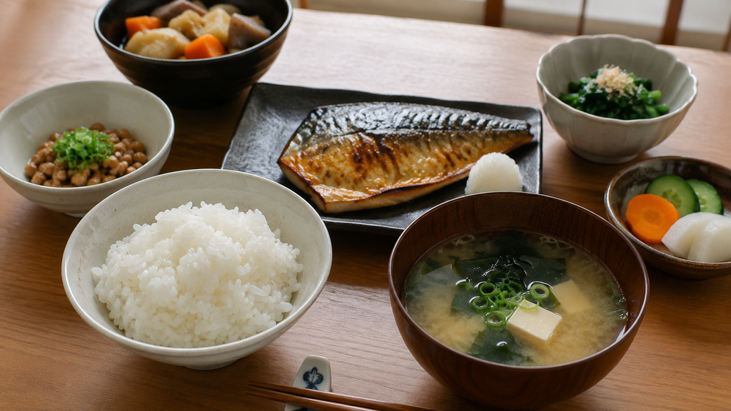 Refeição tradicional japonesa com arroz, peixe e sopa miso