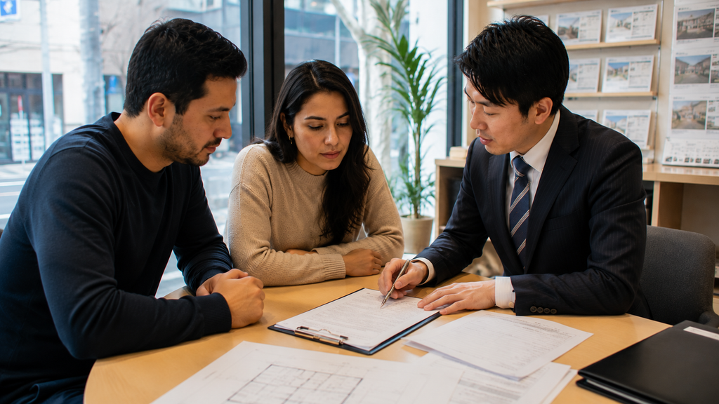 Explicação oficial das cláusulas do contrato de aluguel em uma imobiliária japonesa.