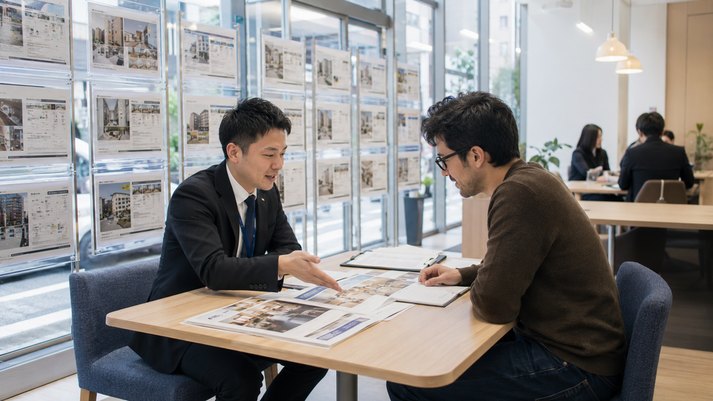 Interior de uma imobiliária japonesa com atendimento ao cliente.