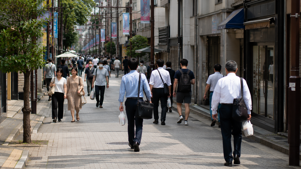 Rua japonesa limpa com pedestres carregando pequenas sacolas.